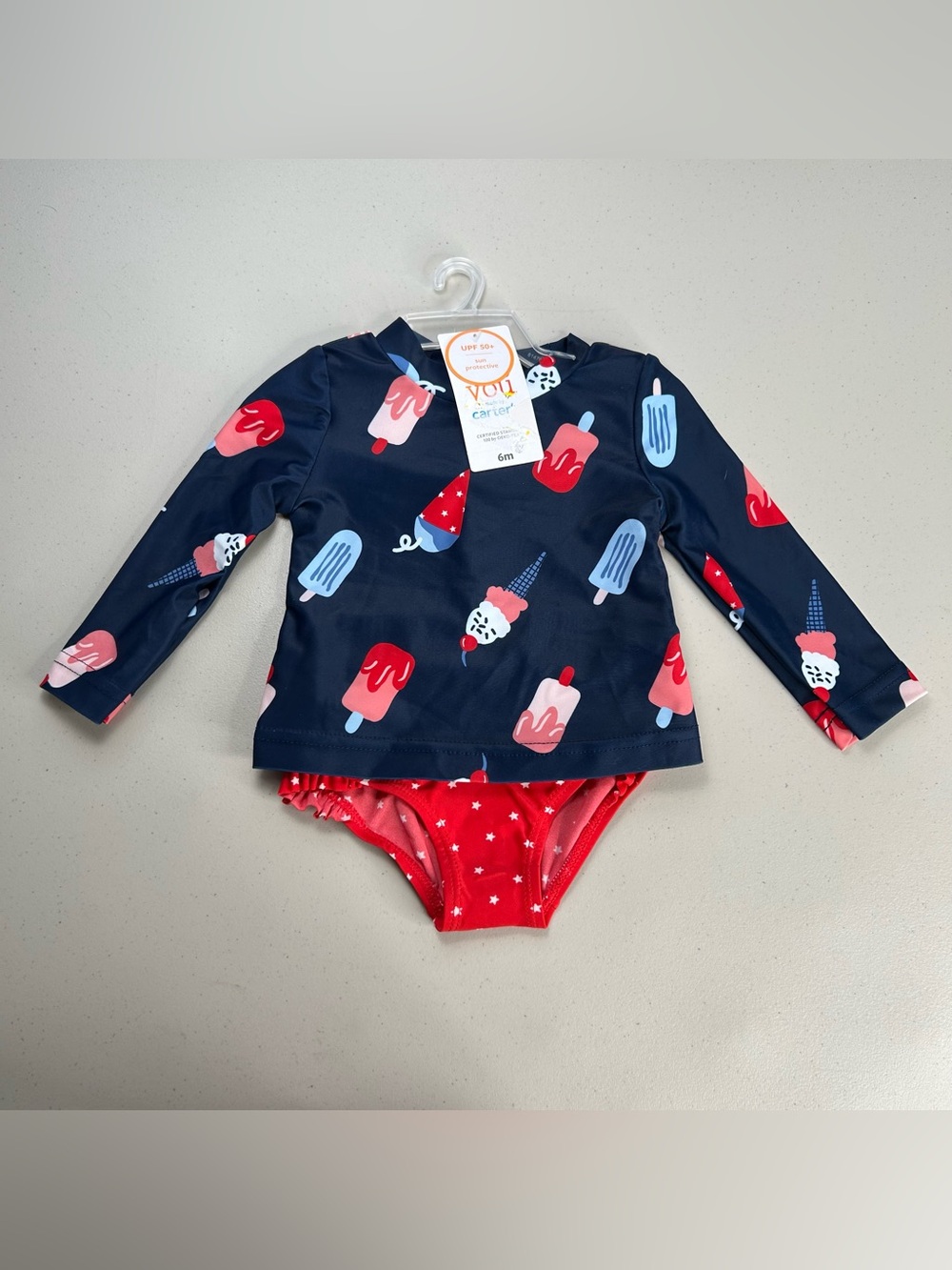 Carters Baby Girls 6M Navy Ice Cream Rash Guard Swimsuit Set UPF 50+
